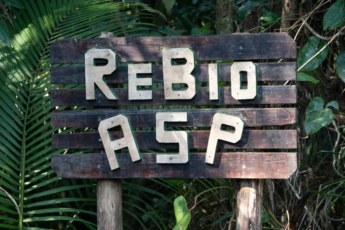 A rustic wooden sign reading ReBio ASP mounted on two posts at the forest entrance, surrounded by palm fronds and tropical vegetation.